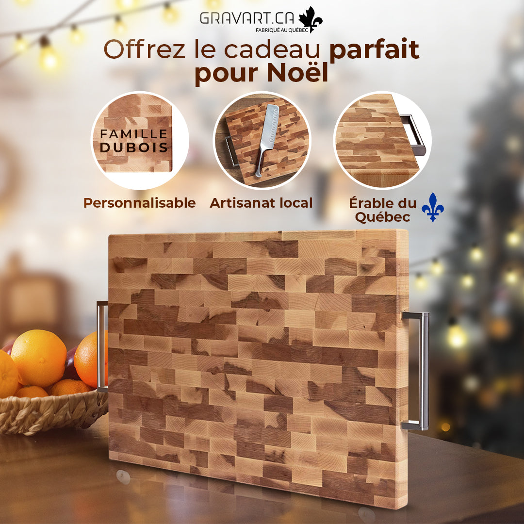 Planche à découper de type 'Butcher block'.